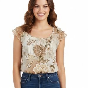 Caribbean Joe Floral Print Cap Sleeve Top Size M